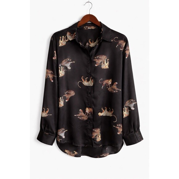 Marpessa Tops - Marpessa XL Black Multicolor Animal Print Button-Up Long Sleeve Blouse
